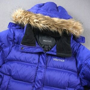 Marmot 700 Fill Down Puffer Parka Jacket Blue Fur Rim Hood Women's L Ski Outdoor